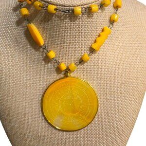 Mexico Vintage Aztec Mayan Yellow Sun dial necklace Lrg. pendant carved gemstone